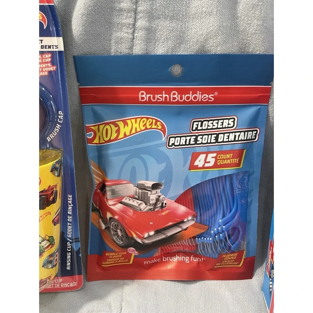 NEW Kid's Hot Wheels Brush Buddies Toothbrush Cup‎ Flossers Tooth Paste & Cap